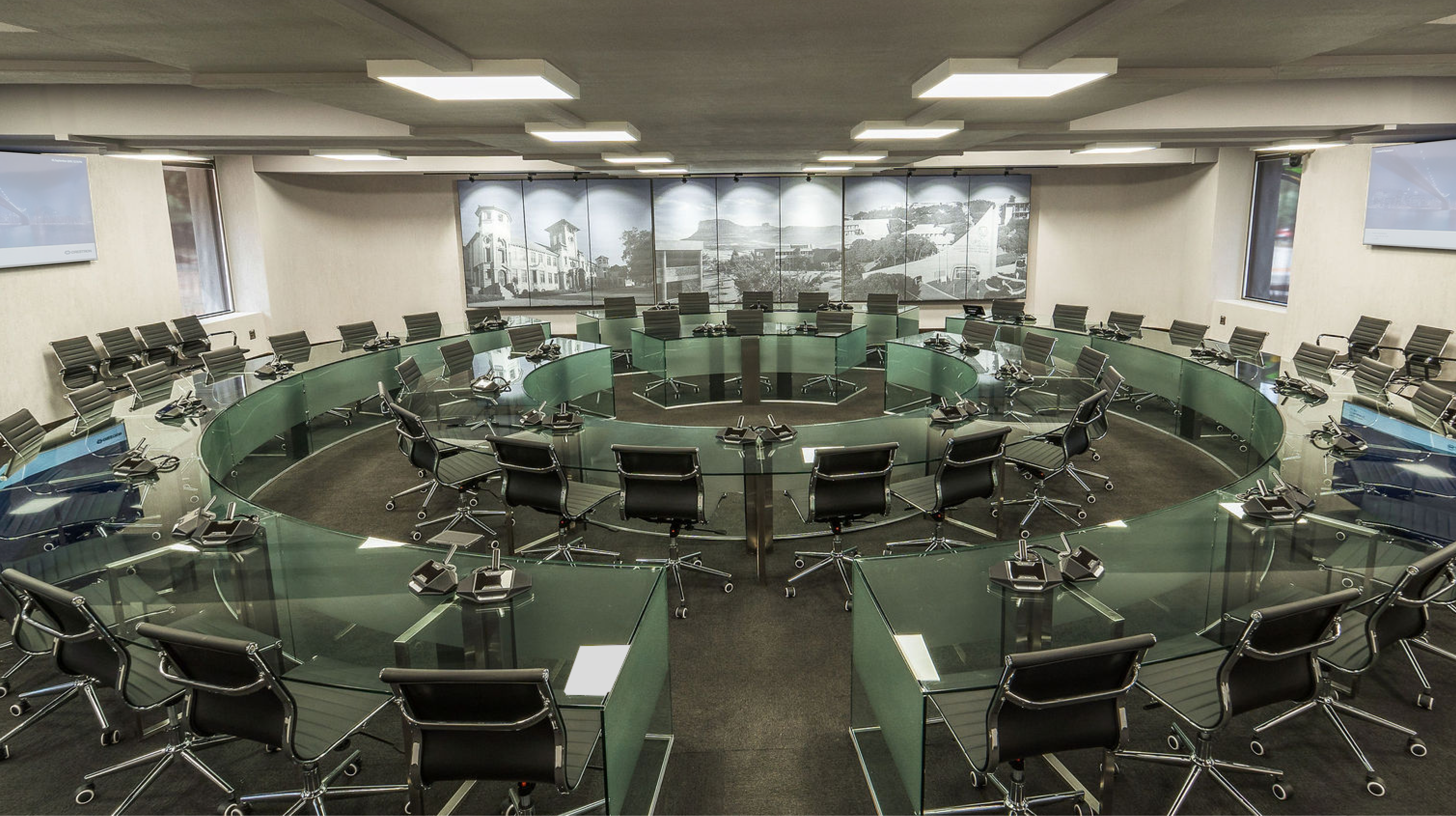 Circular conference room with glass panels